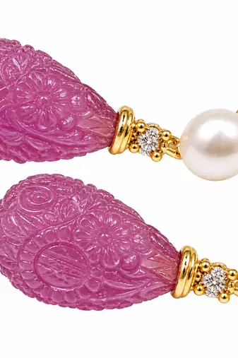 Certified natural freshwater pearls jewellery carved pink drop earrings with pearl top and crystal accent