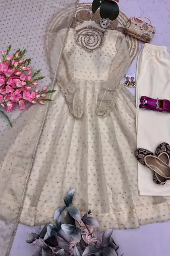 Women cream polka dot anarkali suit with solid trouser pant & border dupatta