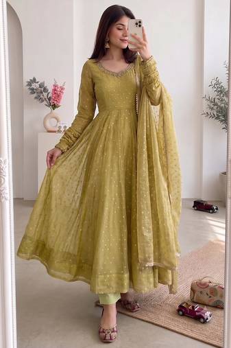 Women green polka dot anarkali suit with solid trouser pant & border dupatta