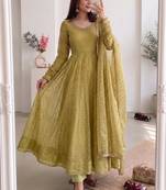 Women green polka dot anarkali suit with solid trouser pant & border dupatta