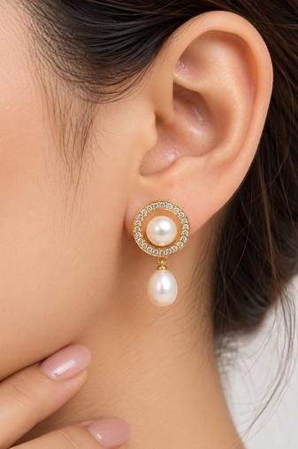 Certified natural freshwater pearls jewellery pearl drop earrings with cz halo, gold-tone, natural pearl