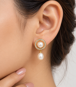 Certified natural freshwater pearls jewellery pearl drop earrings with cz halo, gold-tone, natural pearl