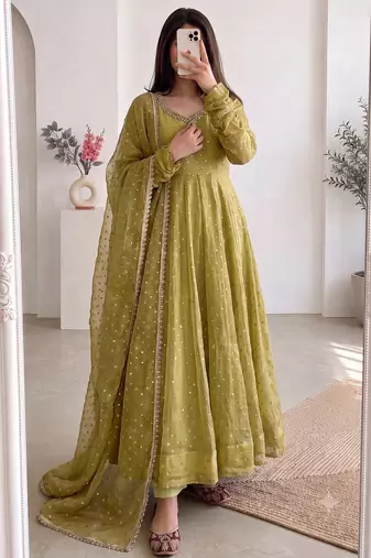 Women green polka dot anarkali suit with solid trouser pant & border dupatta