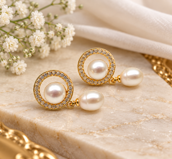 Certified natural freshwater pearls jewellery pearl drop earrings with cz halo, gold-tone, natural pearl 2