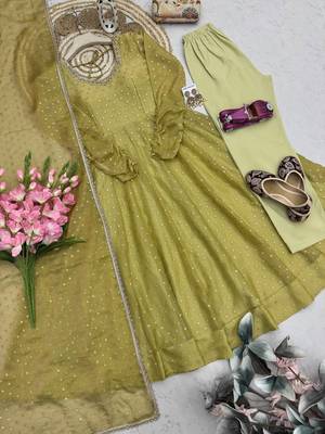 Women green polka dot anarkali suit with solid trouser pant & border dupatta 4