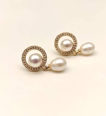 Certified natural freshwater pearls jewellery pearl drop earrings with cz halo, gold-tone, natural pearl 3