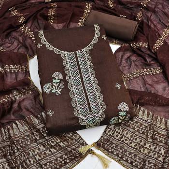 brown unstitched thread zari embroidery with woven dupatta chanderi dress material 1