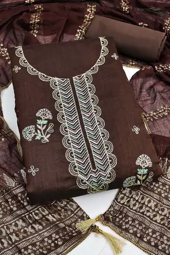 brown unstitched thread zari embroidery with woven dupatta chanderi dress material