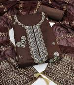 brown unstitched thread zari embroidery with woven dupatta chanderi dress material