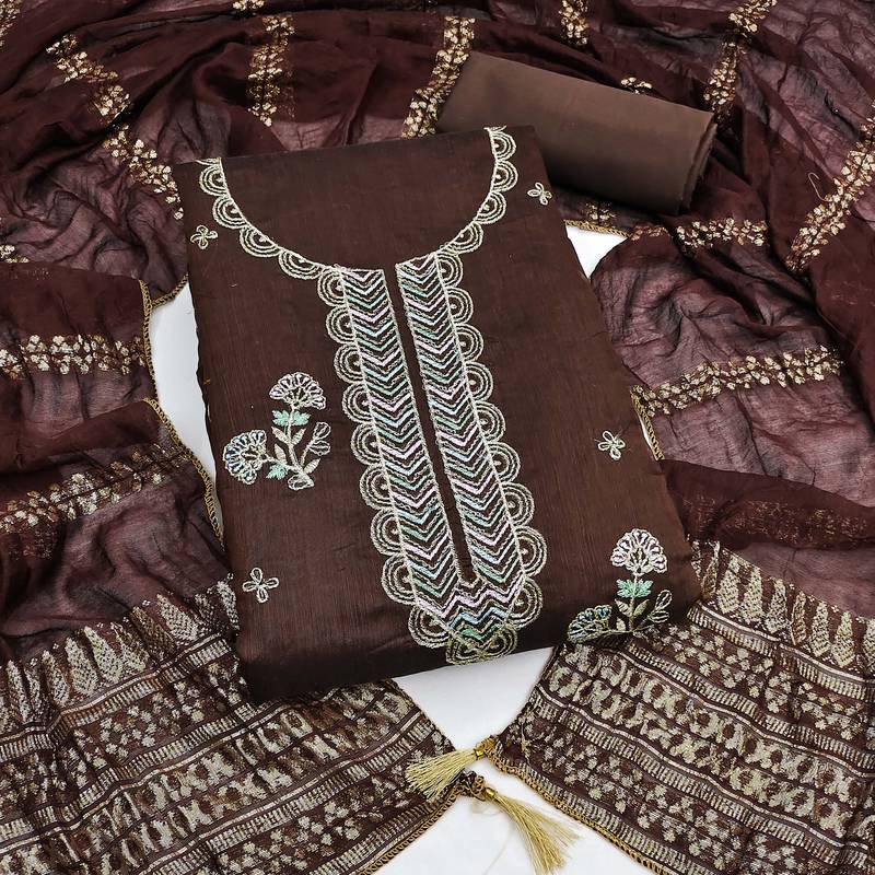 brown unstitched thread zari embroidery with woven dupatta chanderi dress material