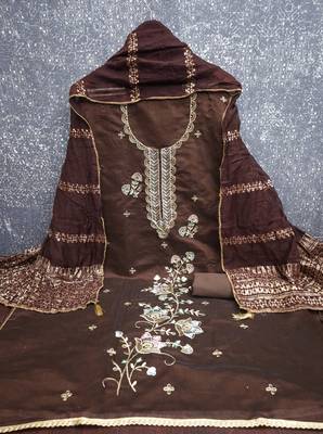 brown unstitched thread zari embroidery with woven dupatta chanderi dress material 2