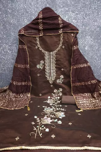 brown unstitched thread zari embroidery with woven dupatta chanderi dress material