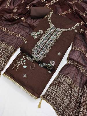 brown unstitched thread zari embroidery with woven dupatta chanderi dress material 3