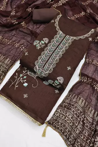 brown unstitched thread zari embroidery with woven dupatta chanderi dress material