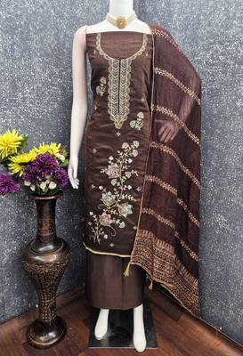 brown unstitched thread zari embroidery with woven dupatta chanderi dress material 4