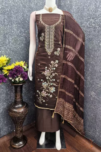 brown unstitched thread zari embroidery with woven dupatta chanderi dress material