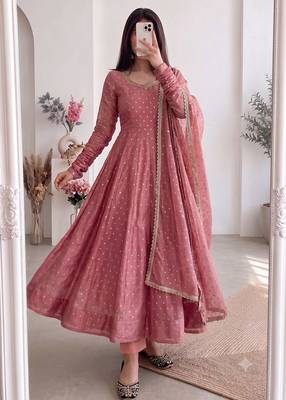 Women dusty rose pink polka dot anarkali suit with solid trouser pant & border dupatta 1