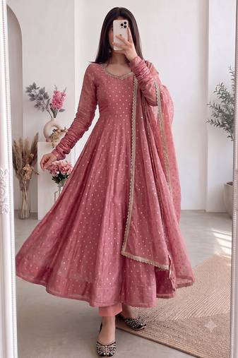 Women dusty rose pink polka dot anarkali suit with solid trouser pant & border dupatta
