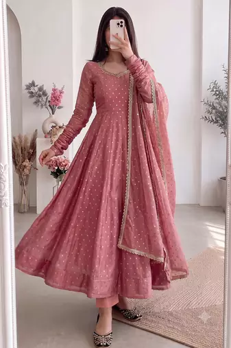 Women dusty rose pink polka dot anarkali suit with solid trouser pant & border dupatta