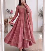Women dusty rose pink polka dot anarkali suit with solid trouser pant & border dupatta