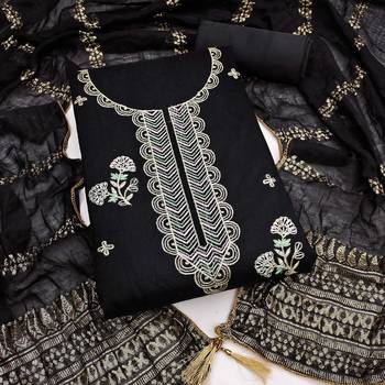 black unstitched thread zari embroidery with woven dupatta chanderi dress material 1