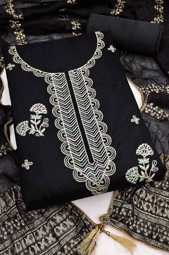 black unstitched thread zari embroidery with woven dupatta chanderi dress material
