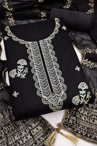 black unstitched thread zari embroidery with woven dupatta chanderi dress material