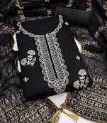 black unstitched thread zari embroidery with woven dupatta chanderi dress material