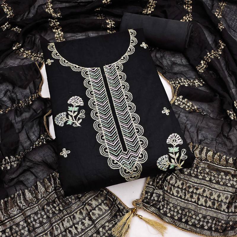 black unstitched thread zari embroidery with woven dupatta chanderi dress material
