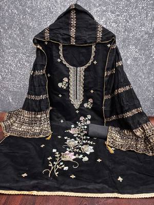 black unstitched thread zari embroidery with woven dupatta chanderi dress material 2