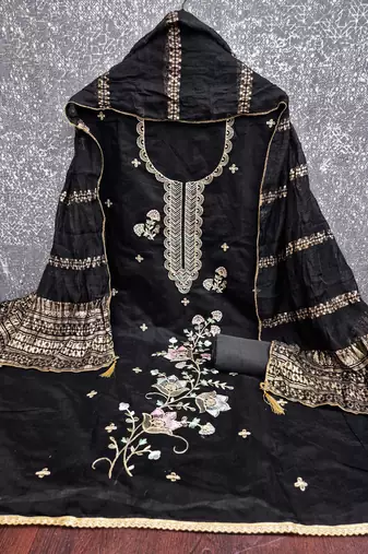 black unstitched thread zari embroidery with woven dupatta chanderi dress material