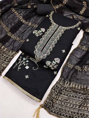 black unstitched thread zari embroidery with woven dupatta chanderi dress material 3