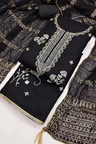 black unstitched thread zari embroidery with woven dupatta chanderi dress material