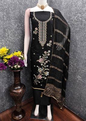 black unstitched thread zari embroidery with woven dupatta chanderi dress material 4