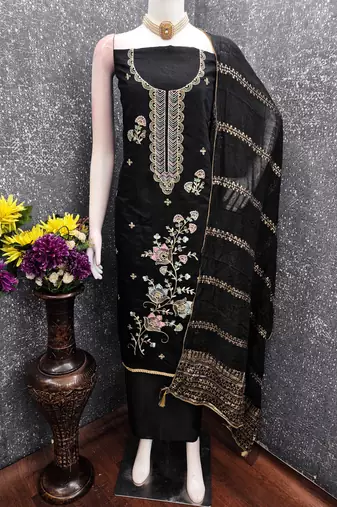 black unstitched thread zari embroidery with woven dupatta chanderi dress material