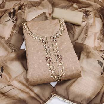 beige unstitched weaving digital print handwork with printed dupatta modal butti dress material 1