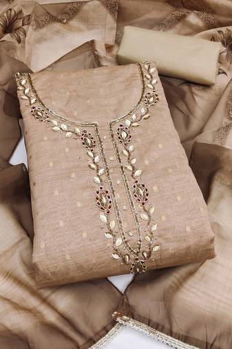 beige unstitched weaving digital print handwork with printed dupatta modal butti dress material