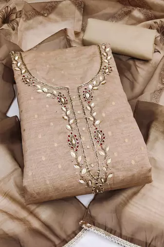 beige unstitched weaving digital print handwork with printed dupatta modal butti dress material