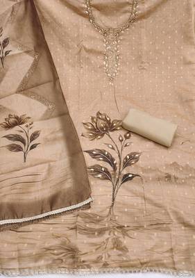 beige unstitched weaving digital print handwork with printed dupatta modal butti dress material 2
