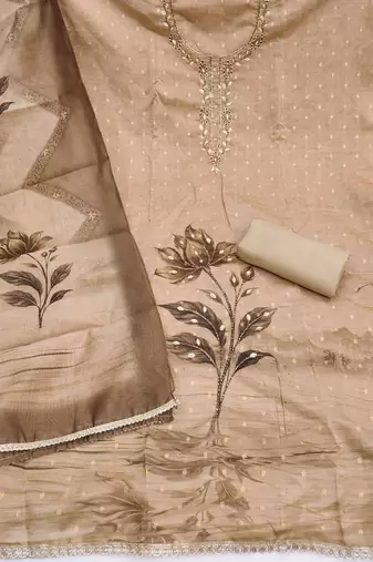 beige unstitched weaving digital print handwork with printed dupatta modal butti dress material