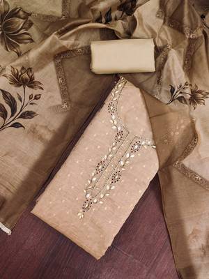 beige unstitched weaving digital print handwork with printed dupatta modal butti dress material 4