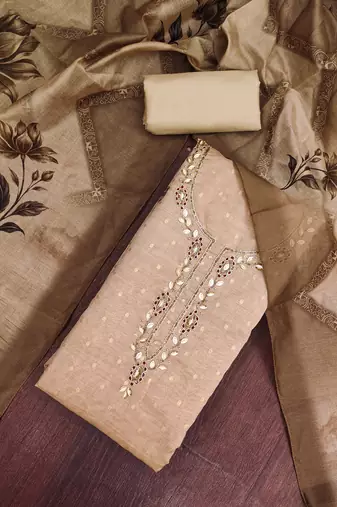 beige unstitched weaving digital print handwork with printed dupatta modal butti dress material