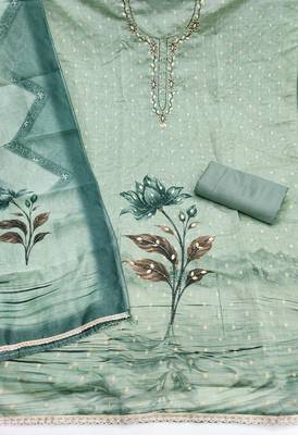 sea green unstitched weaving digital print handwork with printed dupatta modal butti dress material 2