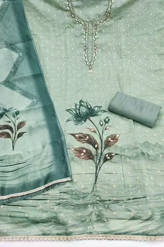 sea green unstitched weaving digital print handwork with printed dupatta modal butti dress material