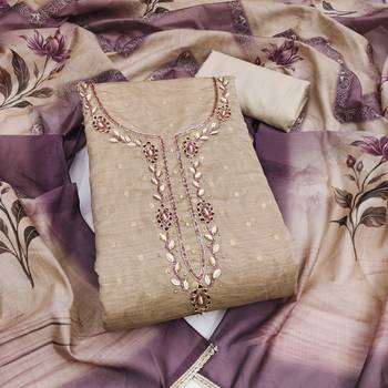 beige unstitched weaving digital print handwork with printed dupatta modal butti dress material 1