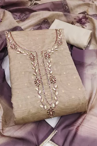 beige unstitched weaving digital print handwork with printed dupatta modal butti dress material