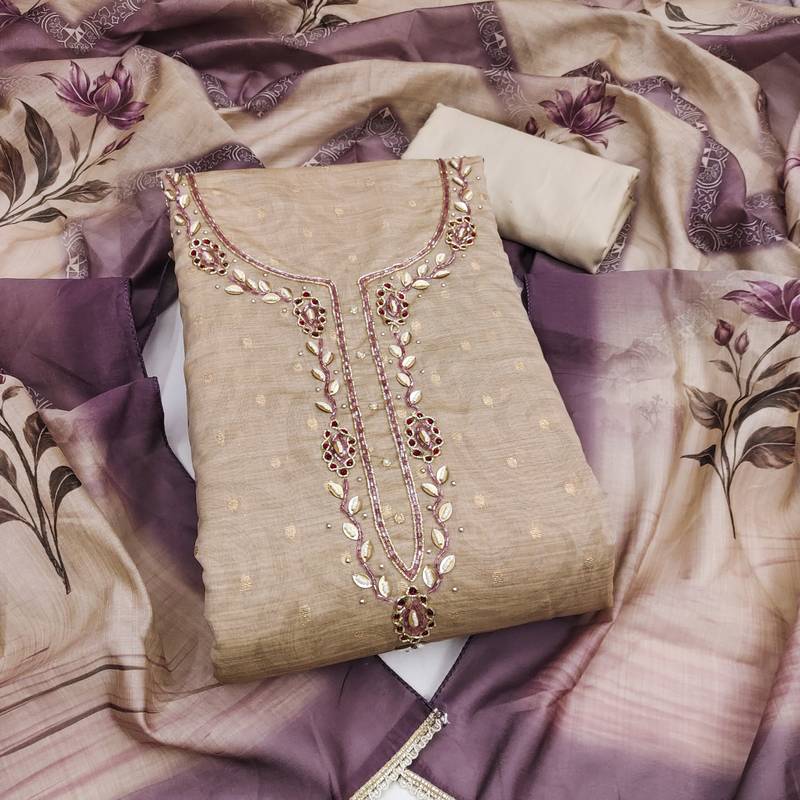 beige unstitched weaving digital print handwork with printed dupatta modal butti dress material