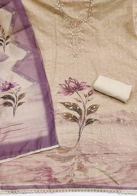 beige unstitched weaving digital print handwork with printed dupatta modal butti dress material 2