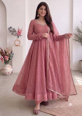 Women dusty rose pink polka dot anarkali suit with solid trouser pant & border dupatta 2