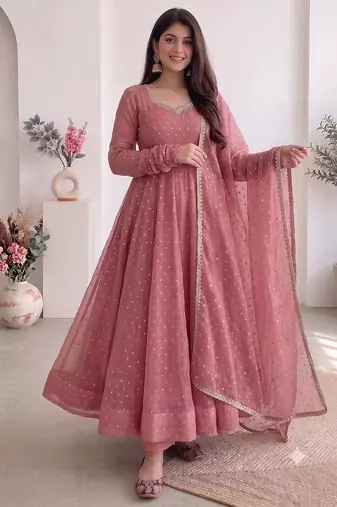 Women dusty rose pink polka dot anarkali suit with solid trouser pant & border dupatta